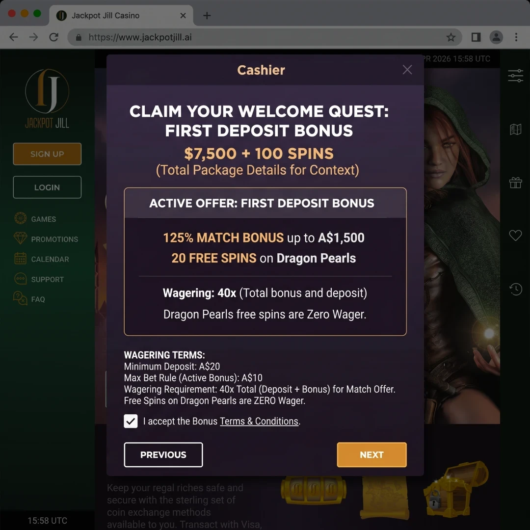 Jackpot Jill cashier showing the first-deposit 125 percent match offer up to A$1,500 with 20 zero-wager free spins on Dragon Pearls and 40x wagering terms visible at the bottom.
