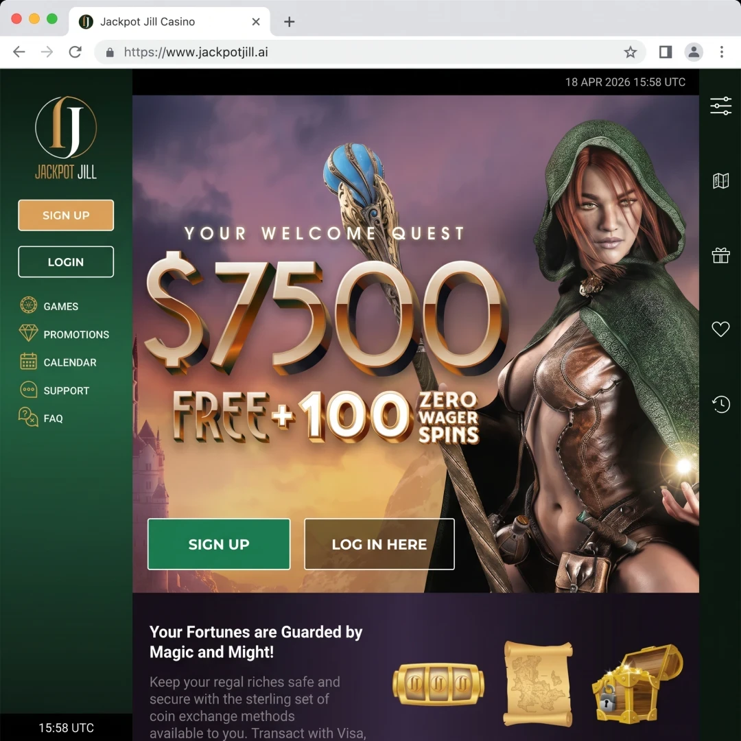 Jackpot Jill Casino homepage loaded in Chrome on 18 April 2026, showing the A$7,500 five-deposit welcome banner and main navigation.