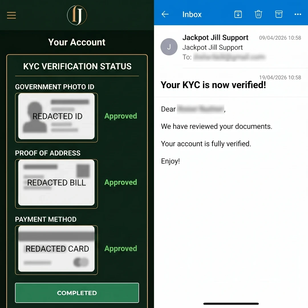 Jill Jackpot account verification panel showing three KYC documents approved, next to the confirmation email timestamped 19 hours after upload; personal identifiers redacted.