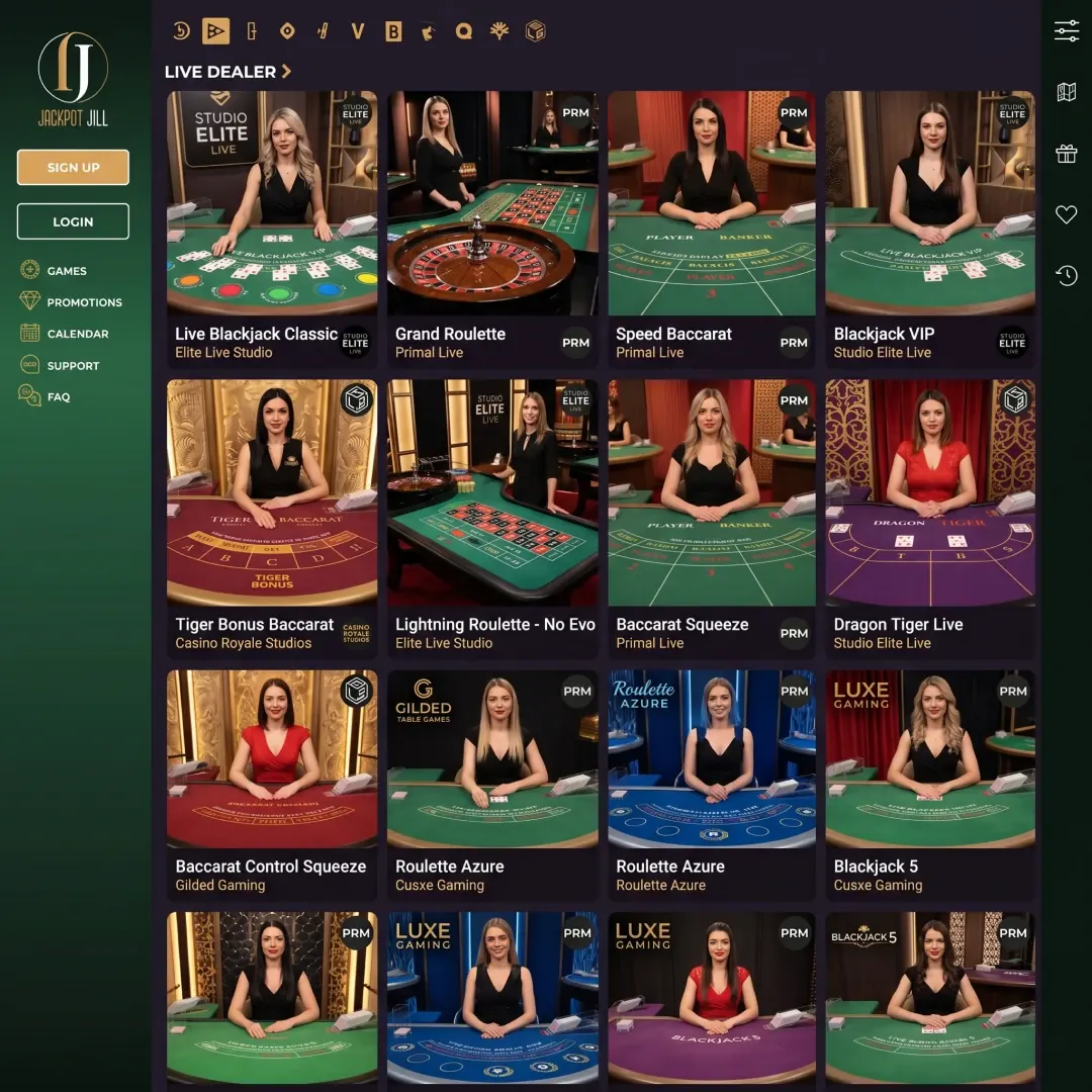 live casino lobby with blackjack, roulette, baccarat and Tiger Bonus Baccarat tables visible; the feeds are from secondary studios rather than Evolution or Pragmatic Live.