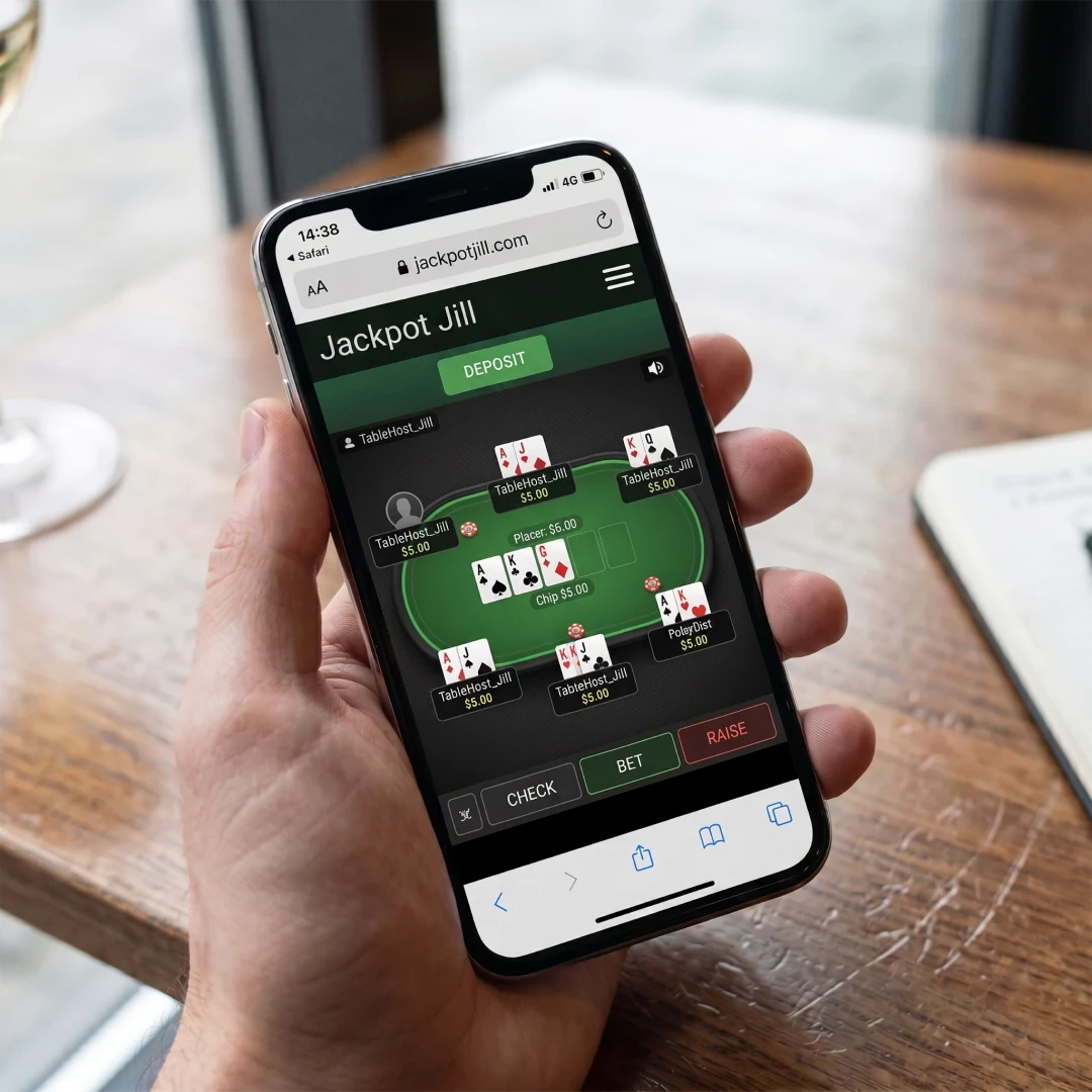 iPhone 13 held in hand running Jackpot Jill mobile casino in Safari over 4G, with a pokie spinning in the browser window; status bar shows network and time.