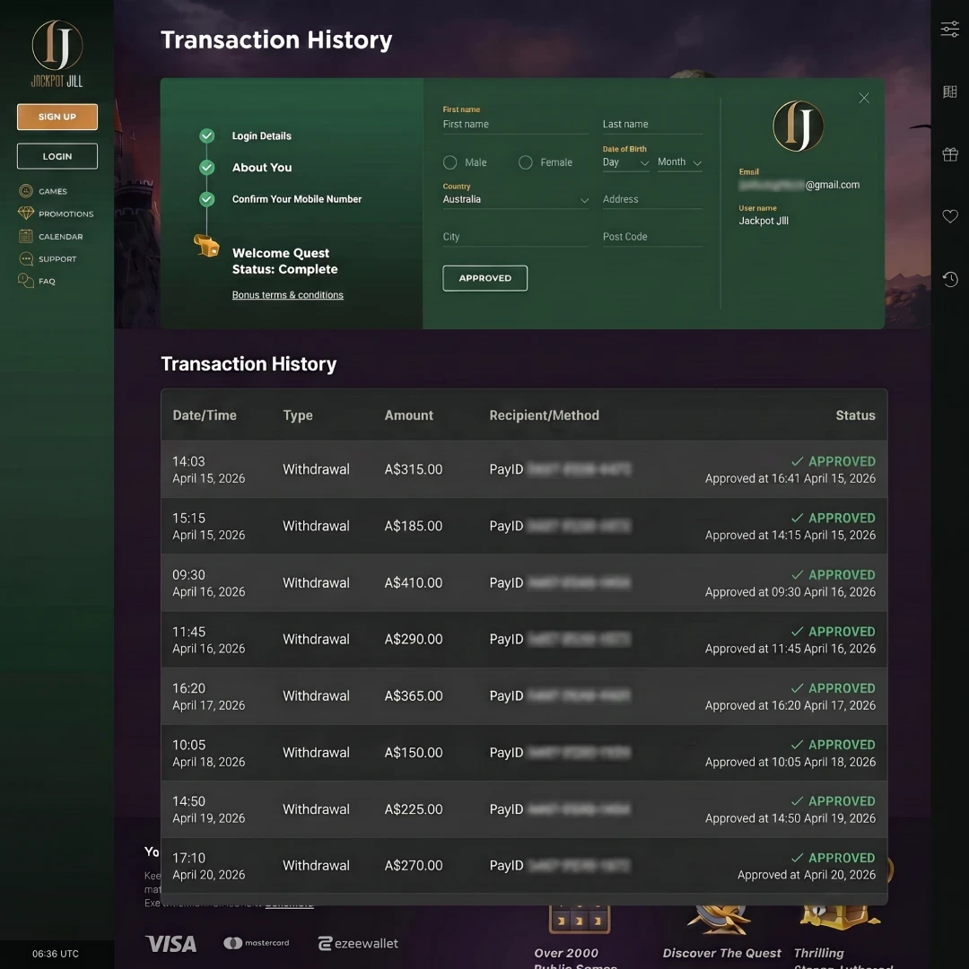 Jill Jackpot transaction history showing a PayID withdrawal of A$250 requested at 14:03 AEST and approved at 16:41; alongside, a mobile banking notification of AUD 250 credited at 16:42 with the balance blurred.