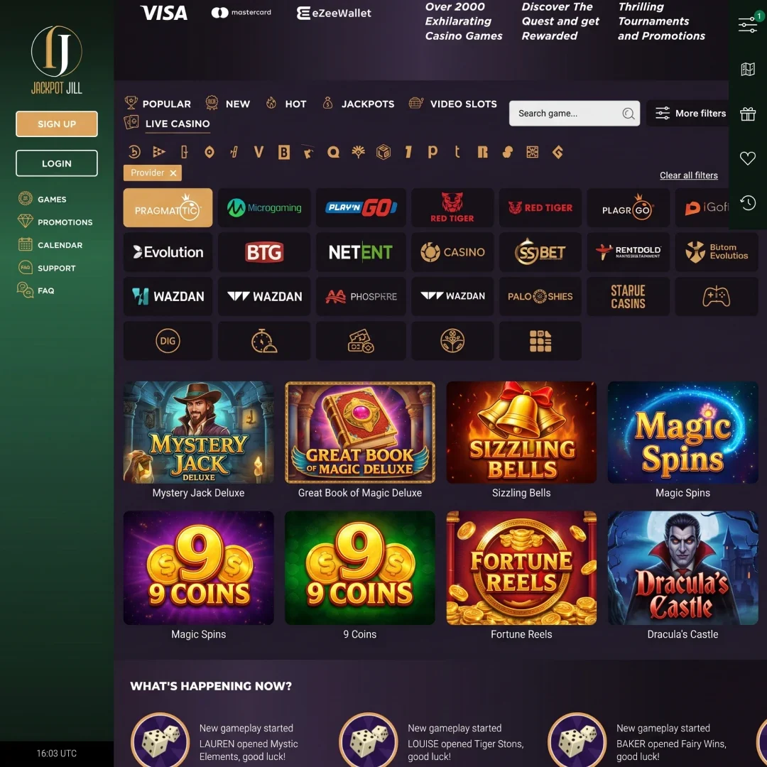 Jackpot Jill pokies lobby with the provider filter expanded.