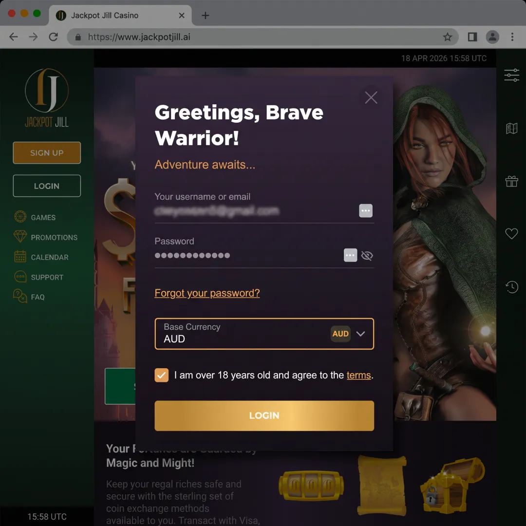Jackpot Jill sign-up form with AUD selected as base currency and the 18+ age confirmation checkbox; personal data fields redacted.